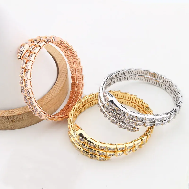Bangles Designer Style Femmes Lady Plated Gold Color Paramètres Full Cumbic Zircon Snakelike Elastic Double Circle Bangle Bracelet