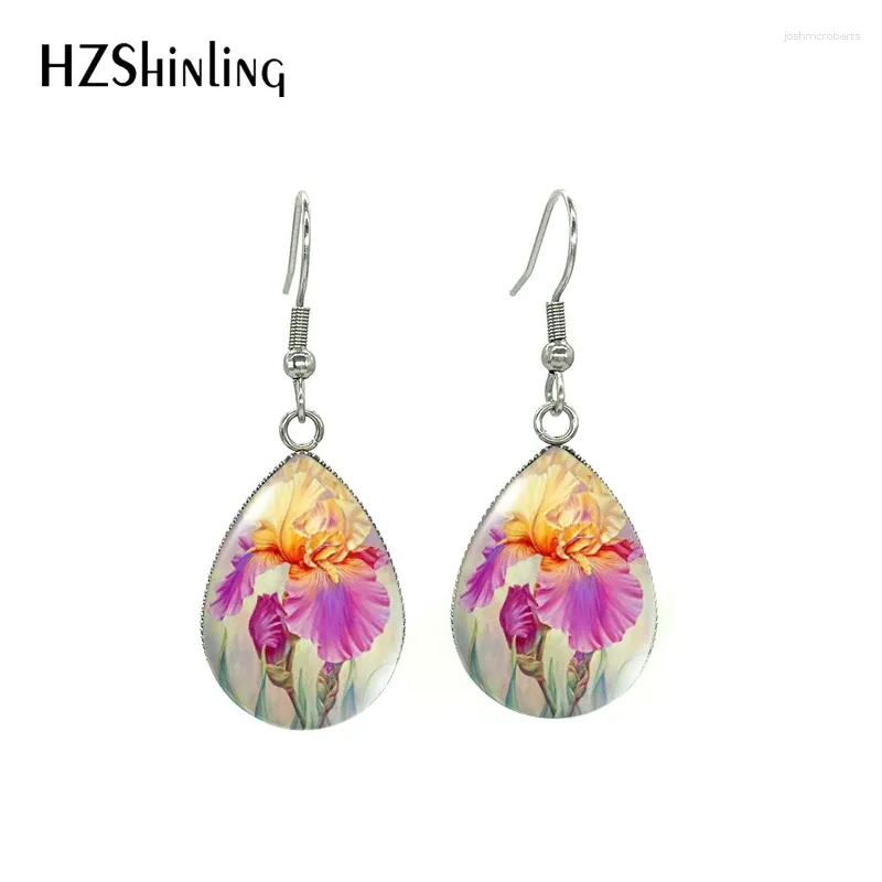 Dangle Earrings Phalaenopsis Orchid Flowers Glass Cabochon Handcraft Jewelry Tear Drop