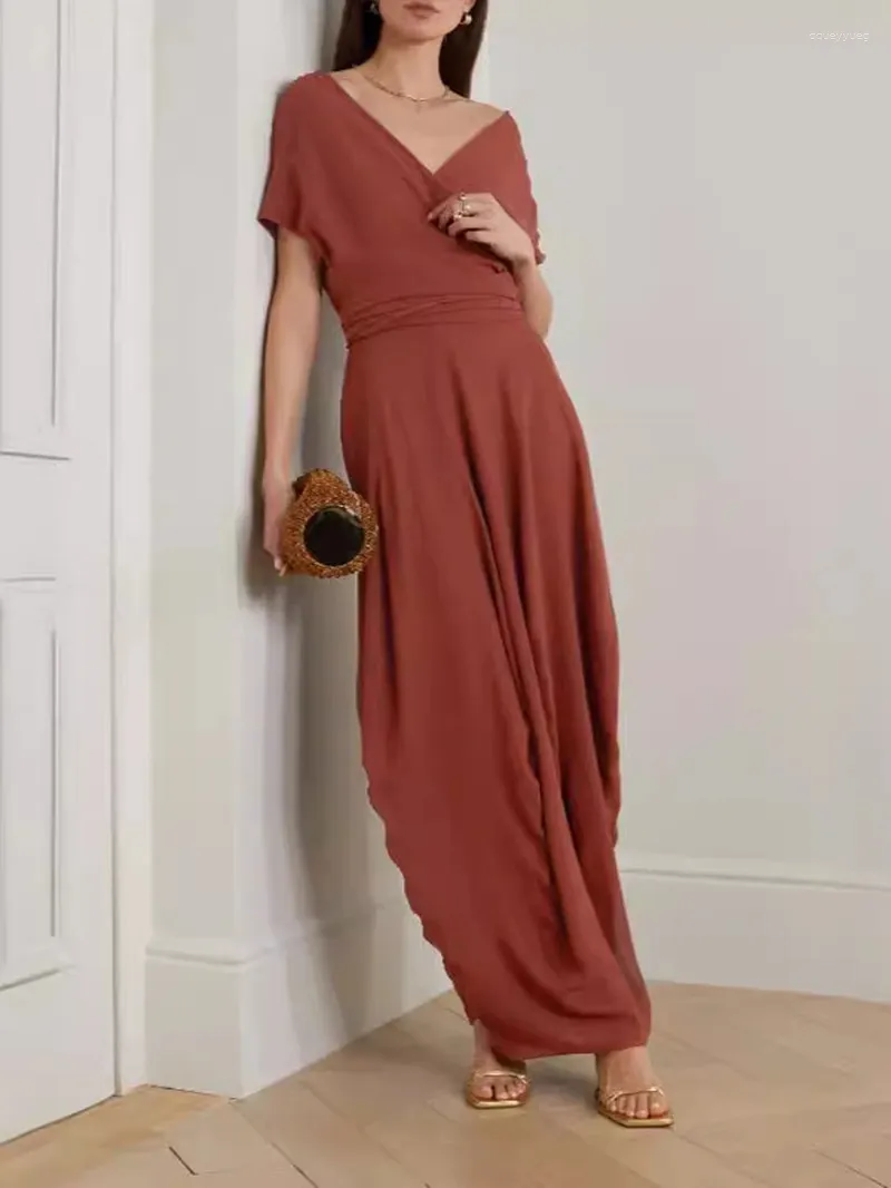 Бальные платья женские с коротким рукавом тонкое двухслойное длинное женское платье на талии со шнуровкой из шелка с v-образным вырезом и запахом 2024 лето