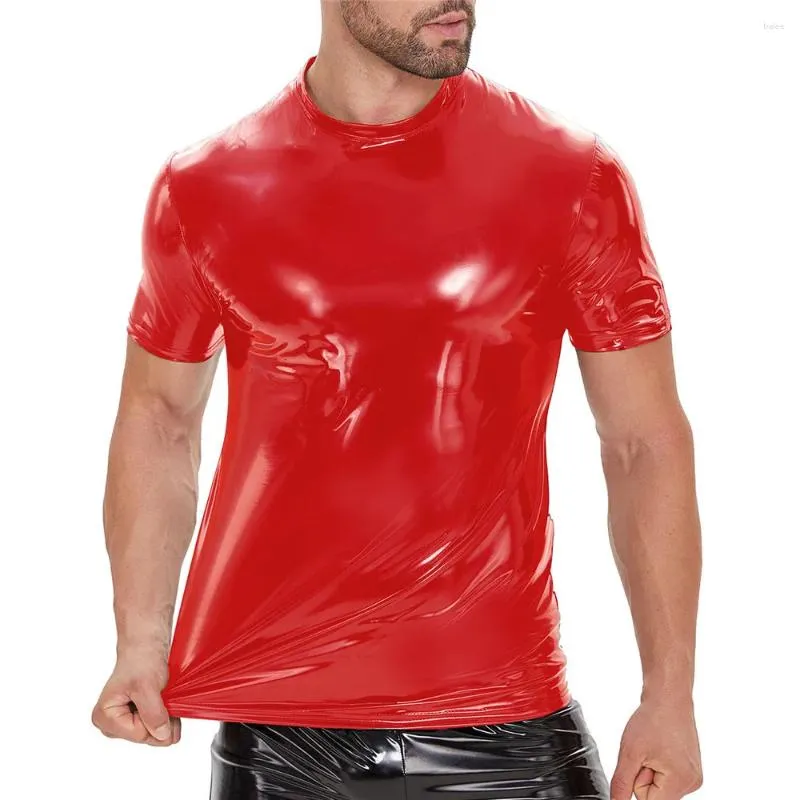 Herren T-Shirts Plus Größe S-5XL Kurzarm PVC Leder Shiny Muscle O-Ausschnitt T-Shirts Tops Latex Wetlook Männliche T-Shirts Dance Clubwear