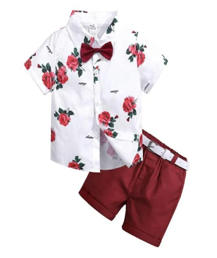 Crianças meninos conjuntos de roupas verão bebê menino roupas floral gravata camisas shorts 2 pçs terno cavalheiro com gravata crianças conjunto 4695944