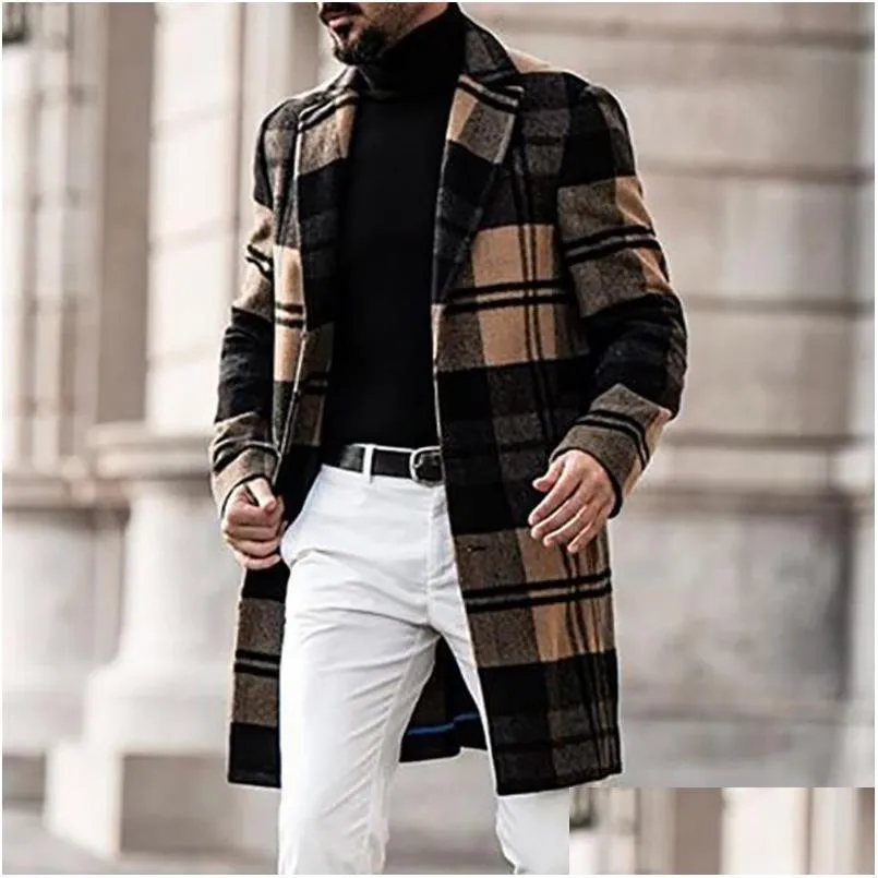 Mens Trench Coats Autumn And Winter Casual Brown Plaid Loose Woolen Coat Drop Delivery Apparel Clothing Outerwear Dhw4Z