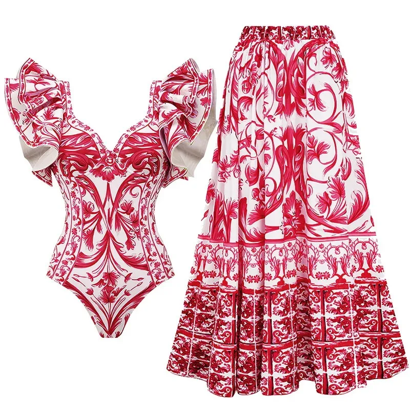 Costumi da bagno donna 2 pezzi Coverup costume da bagno volant stampato solido scollo a V intero monokini kimono bikini costume da bagno estivo 240402