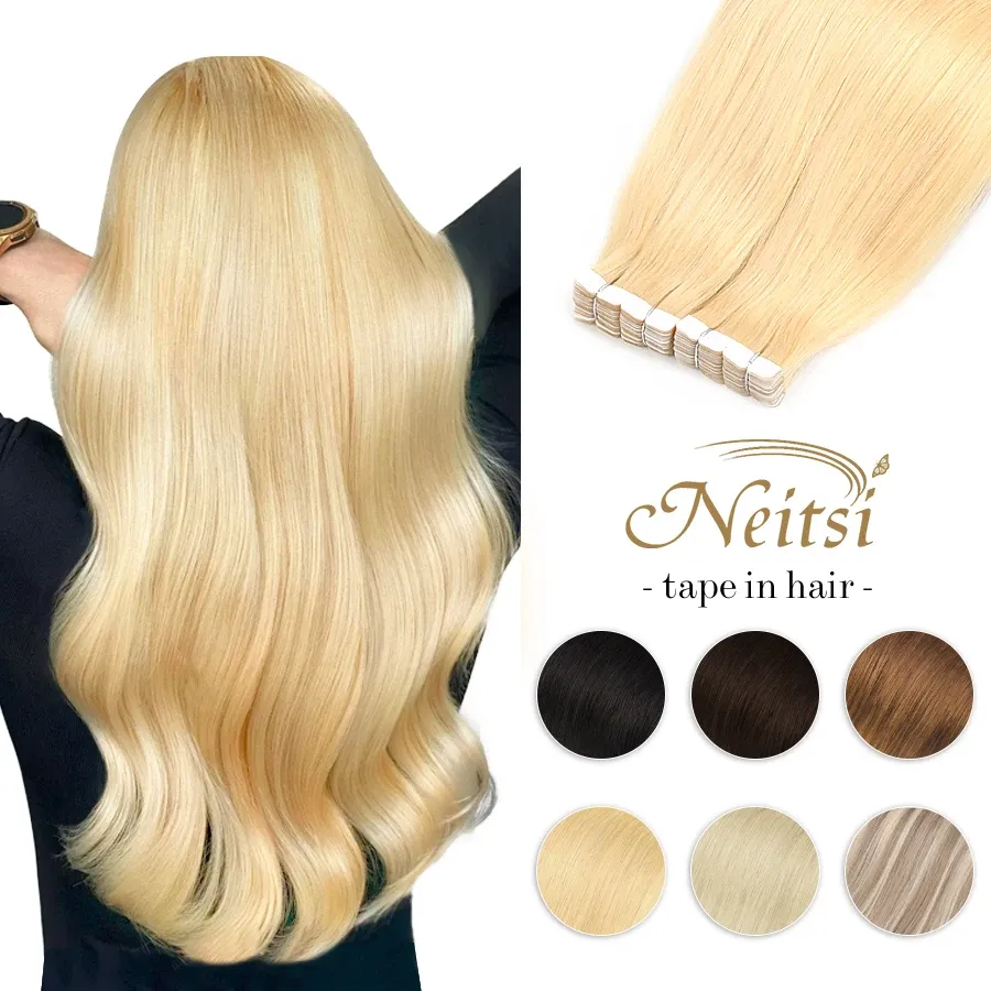 Extensões neitsi mini fita ins extensões de cabelo real natural adesivo cabelo humano em linha reta 12 "24" máquina loira remy trama de pele sem costura