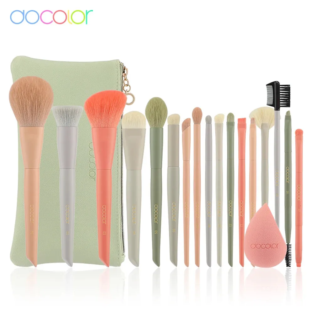 DOCOLOR 17st Makeup Brushes Set Eye Shadow Blush Powder Blending Foundation Cosmetic Brush with Makeup Sponges and Bag 240320