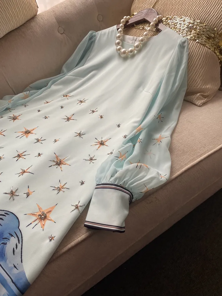 Blue Contrast Color Stars Print Beaded Dress with Rhinestone Decoration,  Short Sleeve Crew Neck Above Knee A-Line Dress from Dhgate Basic & Casual  Dresses