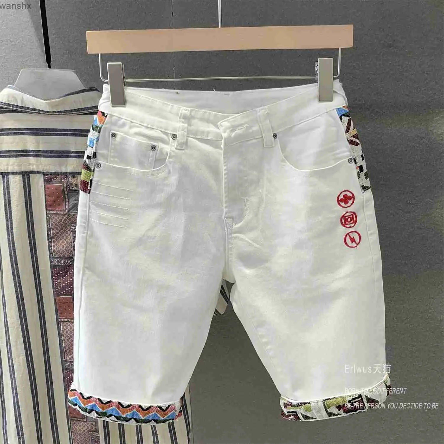 Jeans masculinos estilo coreano luxo verão denim shorts com bordado branco mens designer casual moda reta denim harajuku shortsl2404