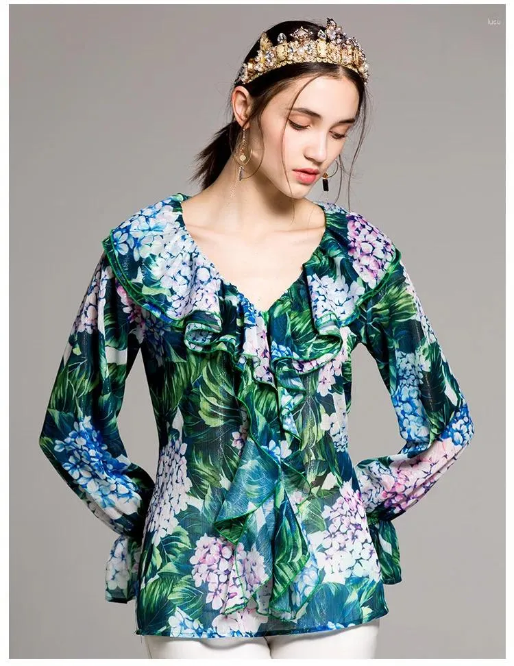 Camicette da donna Personalizzate Top a maniche lunghe da donna e camicia verde con stampa floreale della passerella estiva 2024 Taglie forti XXXL