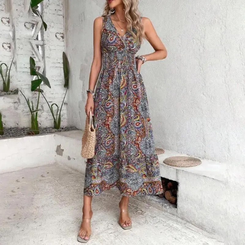 Casual jurken Dames Off-shoulderjurk Boheemse V-hals Midi voor kleurrijke print Vakantiestrand met strakke elastische taille