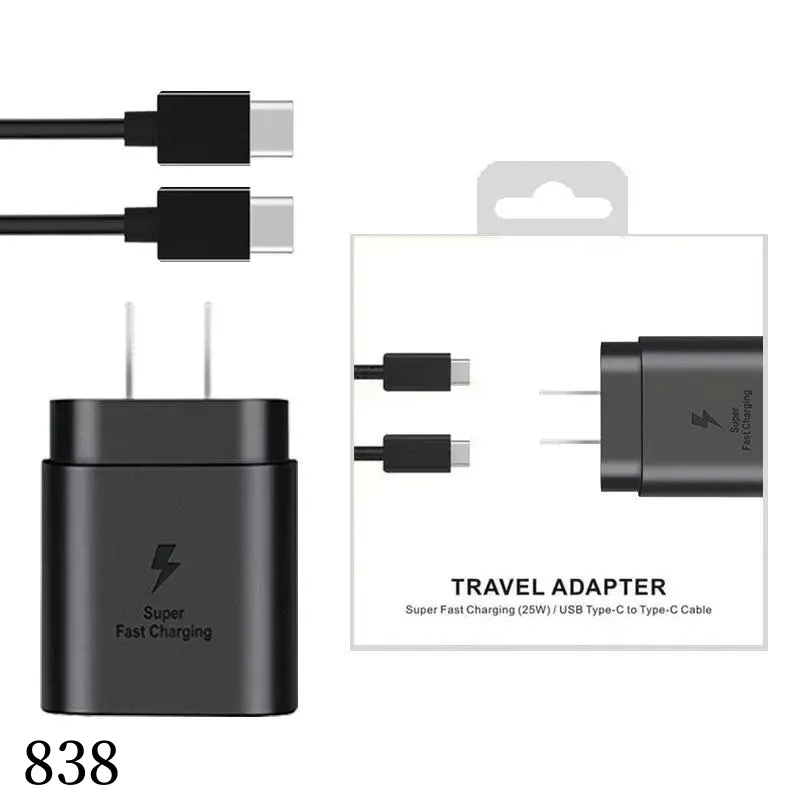 25W Type-C USB-C PD-väggladdare Super Fast Charging Adapter med typ C-kabel för Samsung Galaxy S21 S20 Obs 20 Obs 10 Android-smartphones 838DD