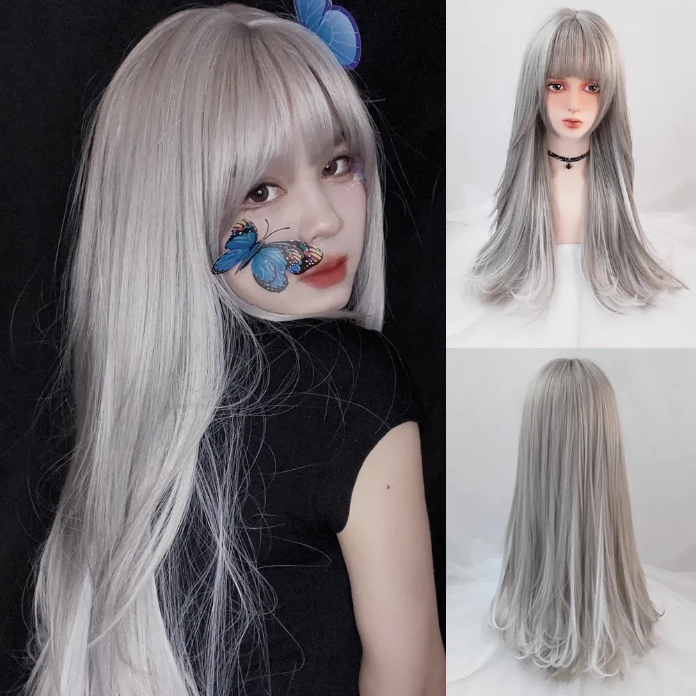 Wigs VICWIG Synthetic Wig Lady Long Gray Highlighting Straight Wig With Bangs For Women Heatresistant Rose Net