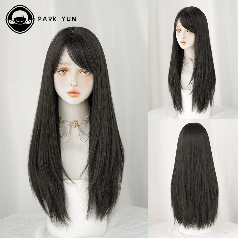 Wigs Park Yun Long прямой темно -коричневый парик для женщин натуральный середина прощания сладкие синтетические парики Теплостойкий теплостойкий ежедневный косплей лолита парик