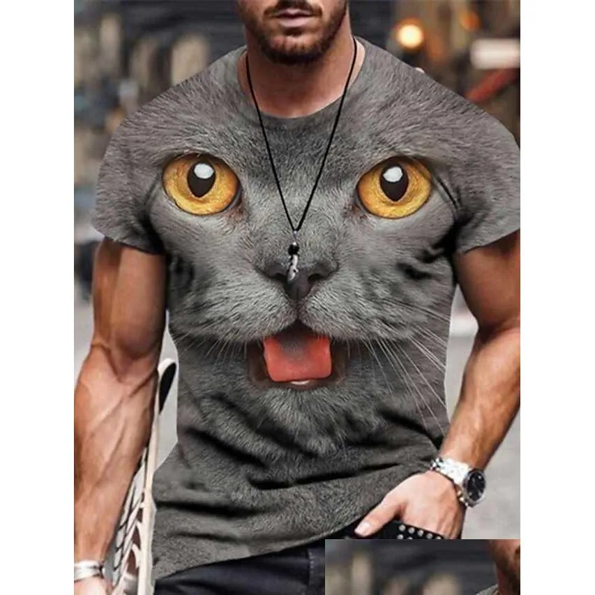 Men'S Casual Shirts Rukas Interesting T-Shirt Animal Cat Throat Cut A B C D E 3D Print Large Size Weekend Short Sleeve Clothing Drop Dhpw2