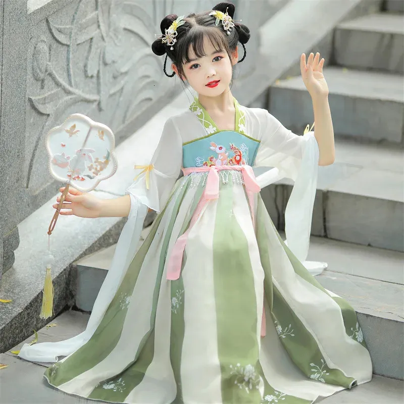 2023 Style Girls Hanfu Chinese Super Fairy Summer Dress Children Ancient Dance Costume Girl Traditionell 240321