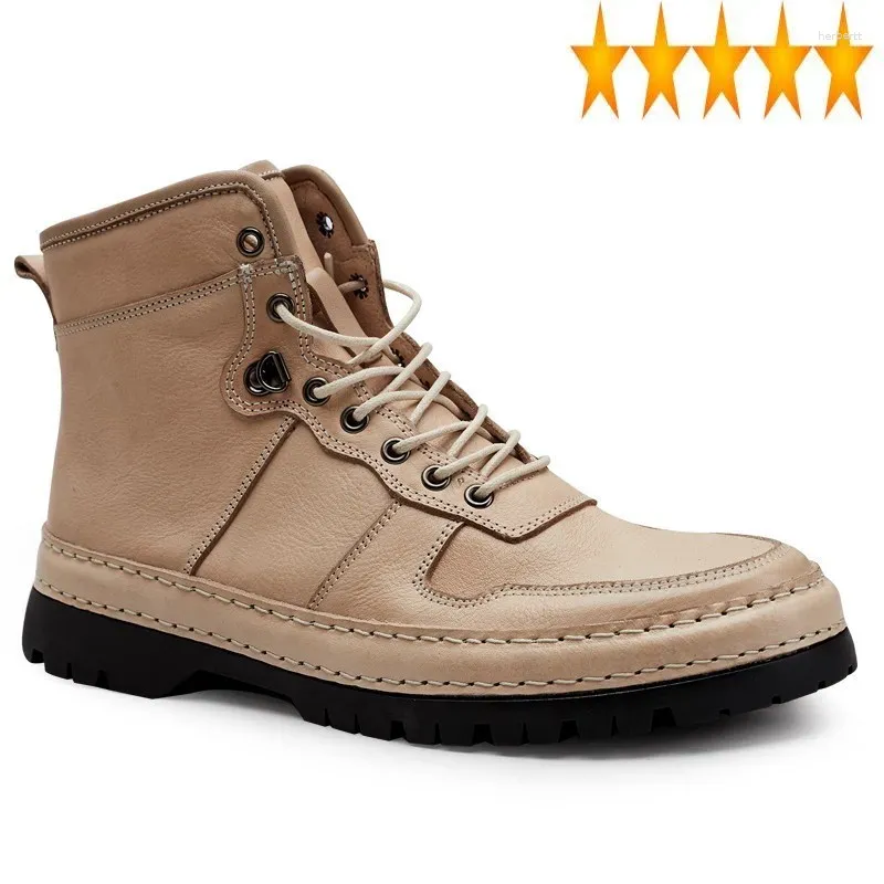 Bottes Hommes En Cuir Véritable Travail Vintage Chaussures De Sécurité 2024 Hiver Automne Mode Haut À Lacets Moto Motard Équitation Cheville