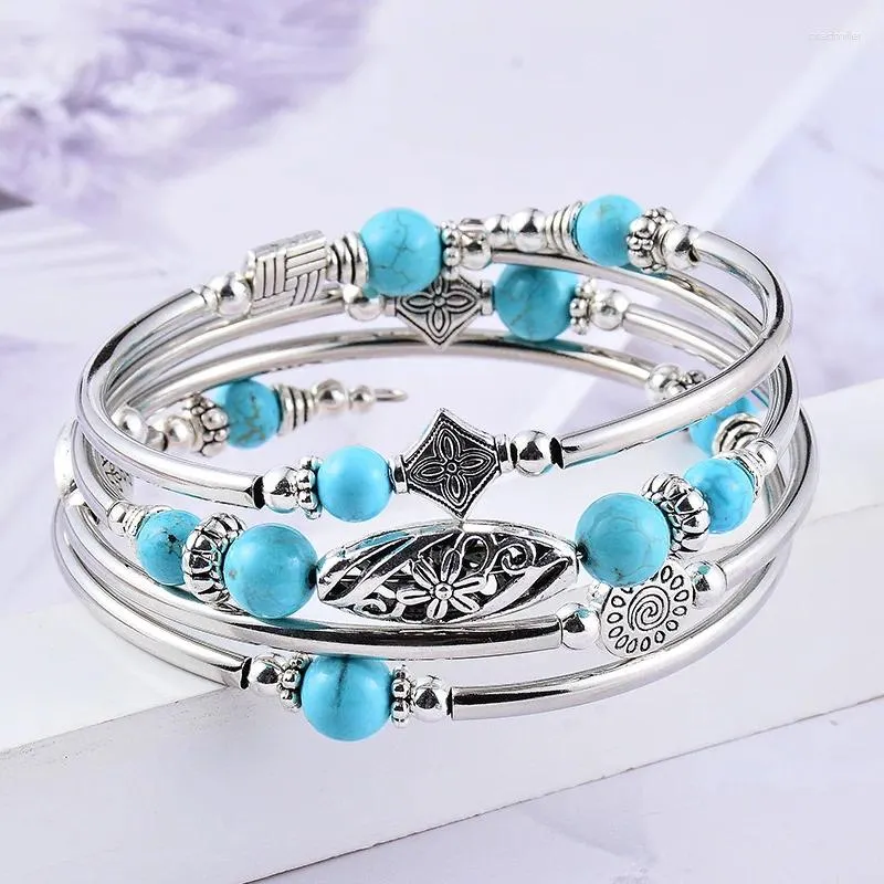 Bedelarmbanden Natuurlijke turquoise kronkelende armband met meerdere cirkels en gelaagde stenen kralen