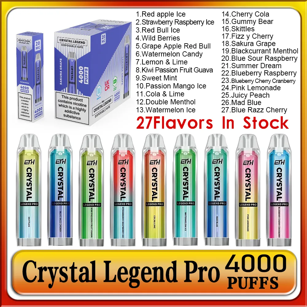 Crystal Legend Pro 4000 Puffs Morztable E papierosy Uzy Ske WGA Crystal Pro Max 1350mah Bateria 0% 2% pojemność 12 ml z zestawem hurtowym Vape Vape Vape Vape Vapors