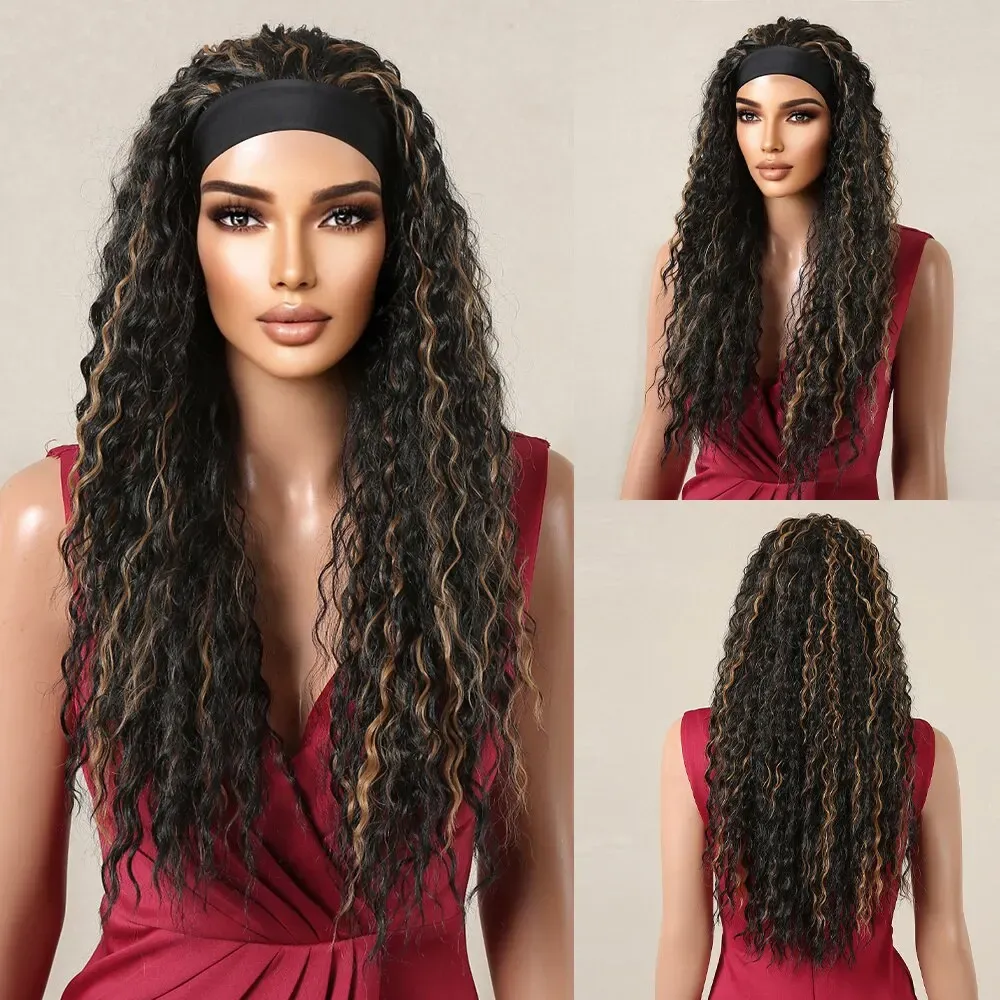 Wigs Long Afro Curly Headband Pruiken Zwart Golden Highlight Deep Wavy Synthetic Headband Pruiken Boheems haar voor vrouwen Dagelijkse feestgebruik