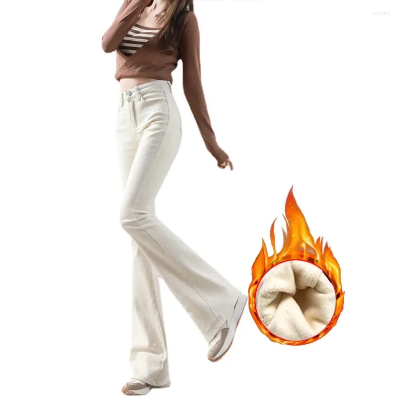 Jeans femininos mulheres moda linda emagrecimento ajuste queimado denim primavera outono inverno forro de veludo engrossar calças quentes flare branco s
