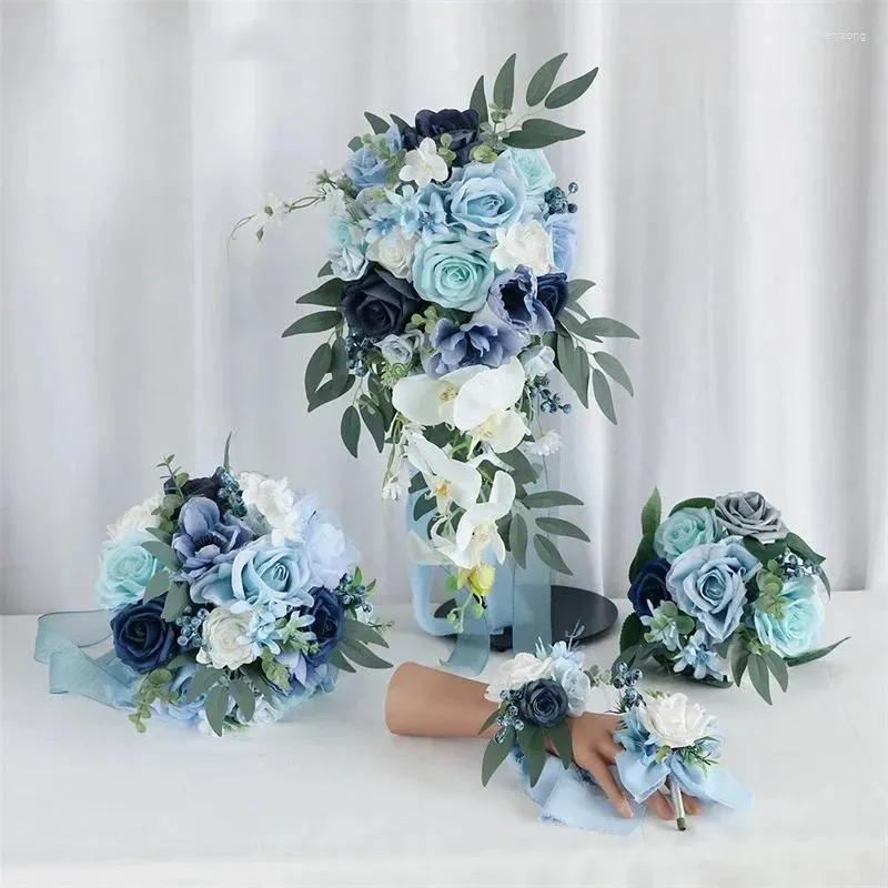 Декоративные цветы Синий свадебный букет невесты для подружки невесты Цветок на руку на запястье Цветочный корсаж для жениха Атласная лента для вечеринки Брак