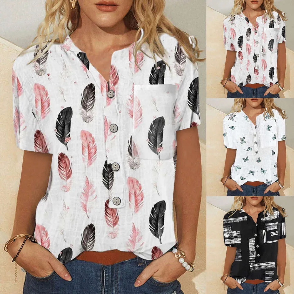 Дизайнерские рубашки с короткими рукавами хорошо продаются. Новая свободная рубашка с принтом. Повседневная женская рубашка в деревенском стиле с нерегулярным принтом.