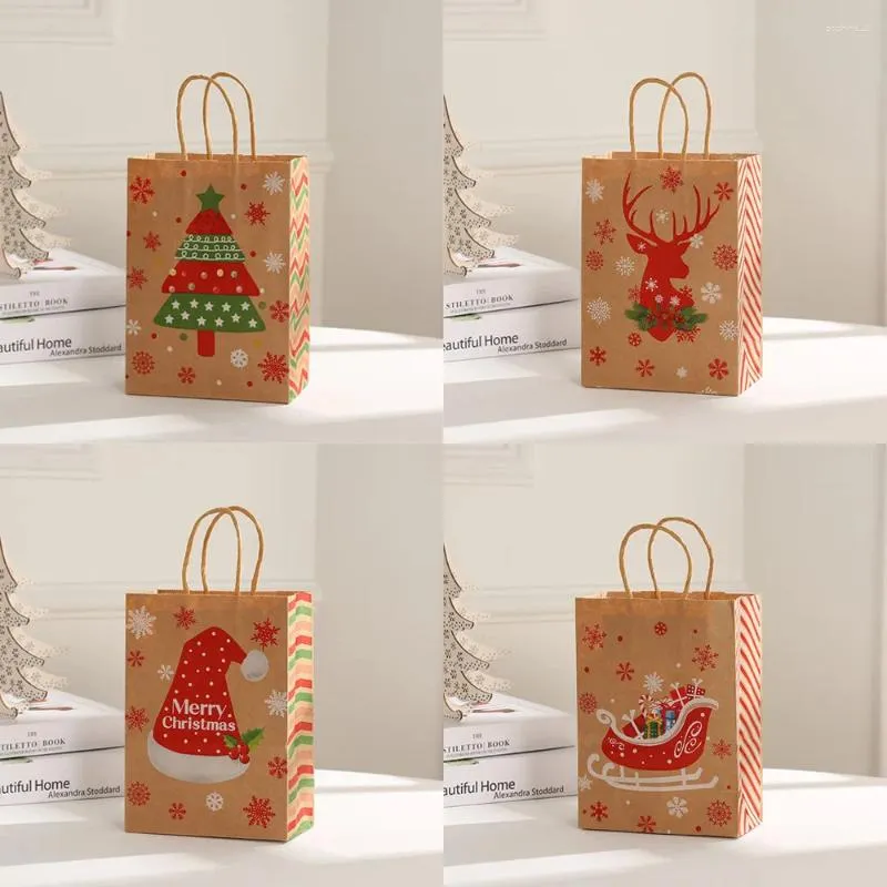 Present Wrap 2st God Jul Candy Box Elk Xmas Tree Kraft Paper Cookies Packing Väskor 2024 Årsfest Handväska