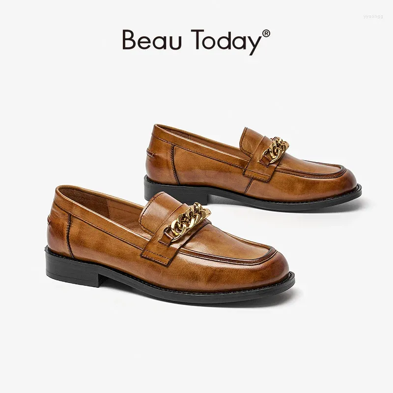 Casual Shoes Beautoday Loafer Platform Women Calfskin Square Toe Metal Chain Designer Flats Slip On Female Handmade 26556
