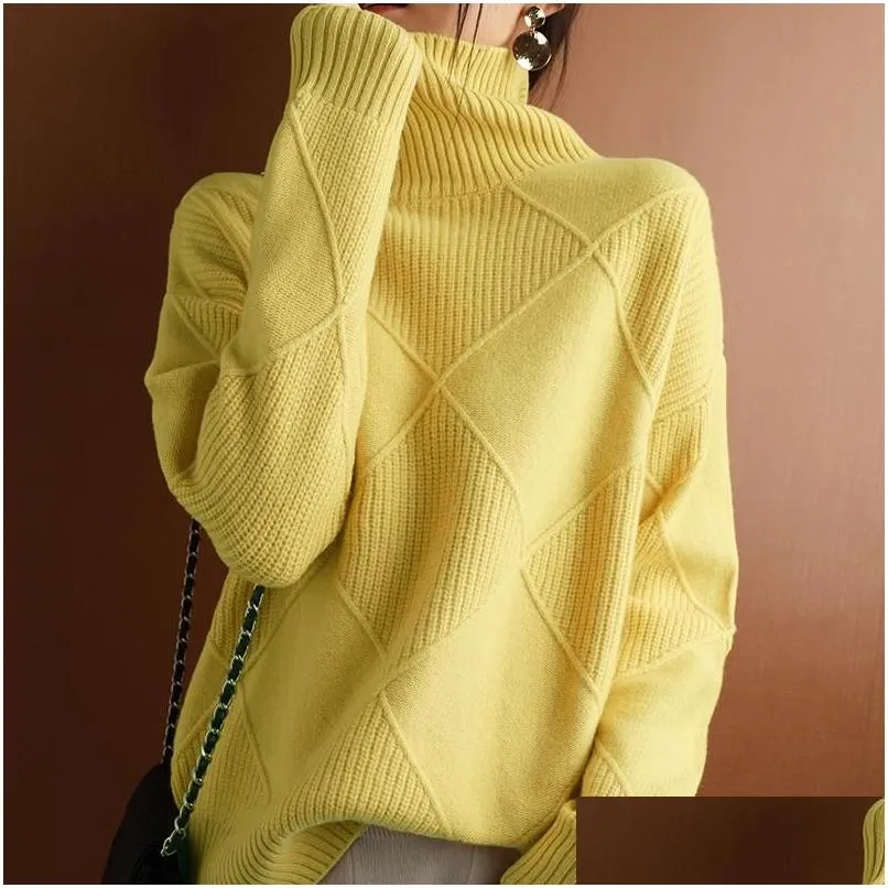 Mulheres suéteres suéter de caxemira feminino gola alta cor pura tarambola de malha 100% lã solta tamanho grande entrega vestuário roupas dhalp