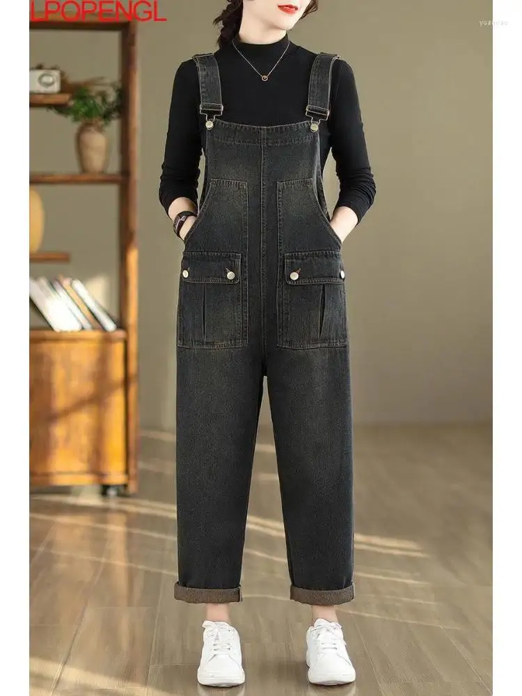 Women's Jeans Washed Distressed Denim Suspenders Overalls Loose Versatile Autumn And Winter Oversized Streetwear One-piece Pants Trend