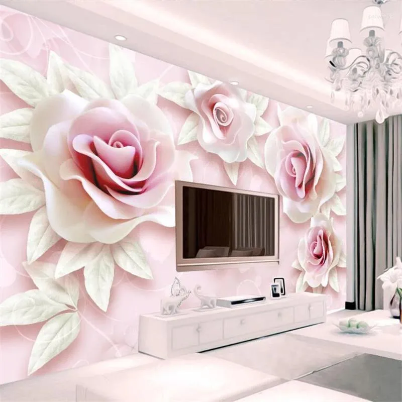 Bakgrundsbilder Wellyu Papel de Parede 3D Custom Wallpaper Färsk och enkel präglad rosa Rose TV -bakgrund vägg