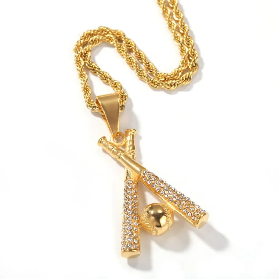 Hiphop smycken baseball hänge halsband rostfritt guld pläterad strass med kedja för män kvinnor trevlig älskare presentrappare accesso198c