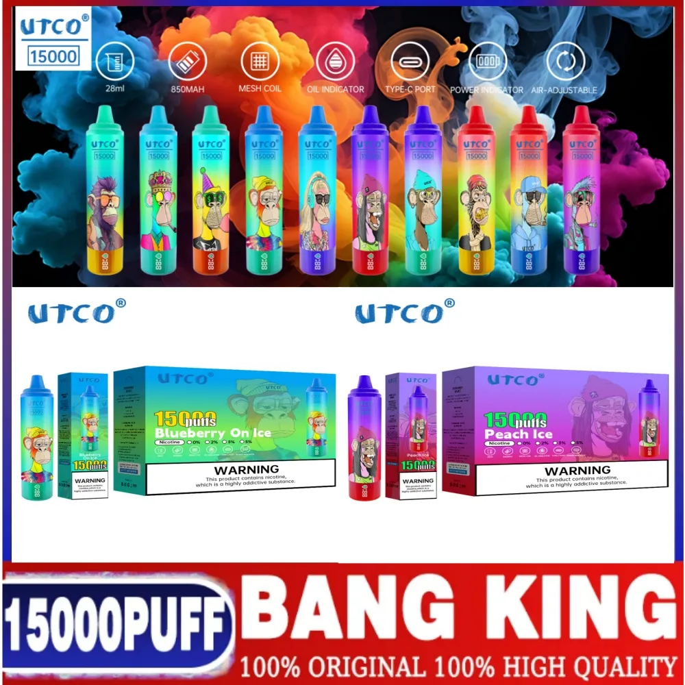 UTCO Original Bang King 15000 Puff Einweg-E-Zigaretten 1,0 Ohm Mesh Coil 25 ml Pod-Batterie Wiederaufladbare elektronische Zigaretten Puff 15K 0% 2% 3% 5% Vape Puff 12k 18k Puff 20000