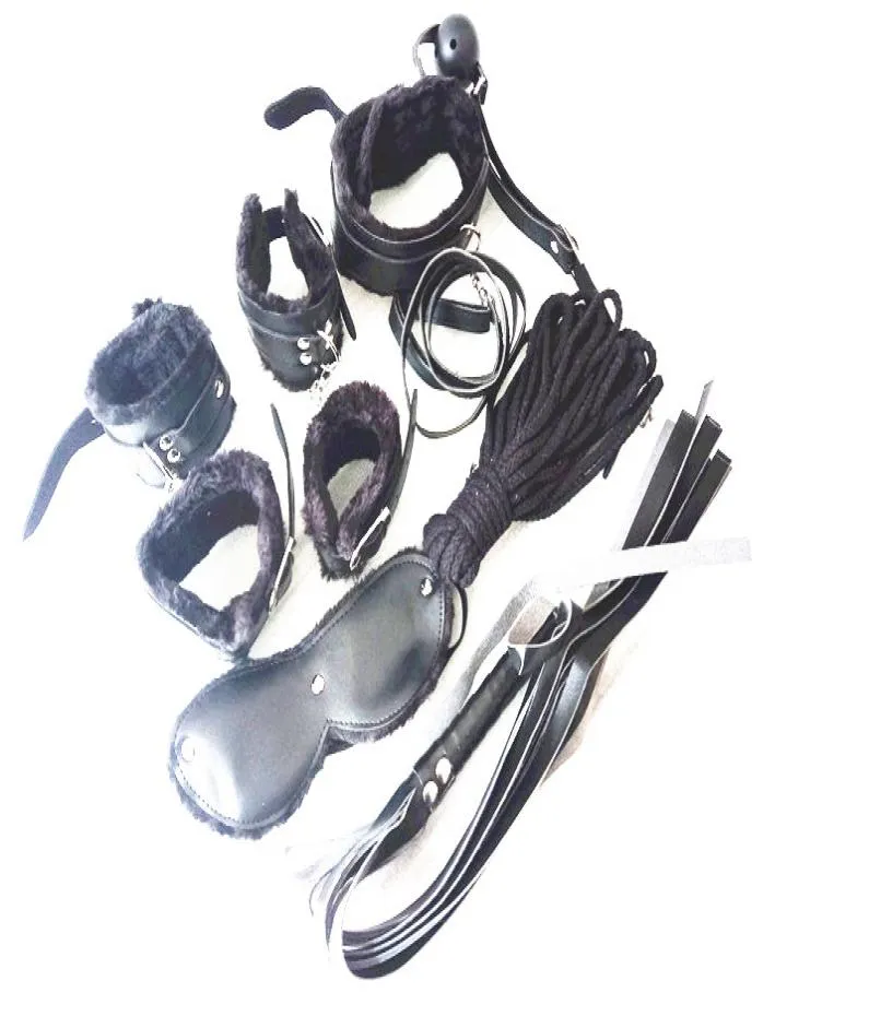 Seks in BDSM Gear Bondage Restraint Kit PU Slaaf Pols Enkle Cuffs Collar Whip Rope Blinddoek Mondbal Gag Toys JD Best Kwaliteit