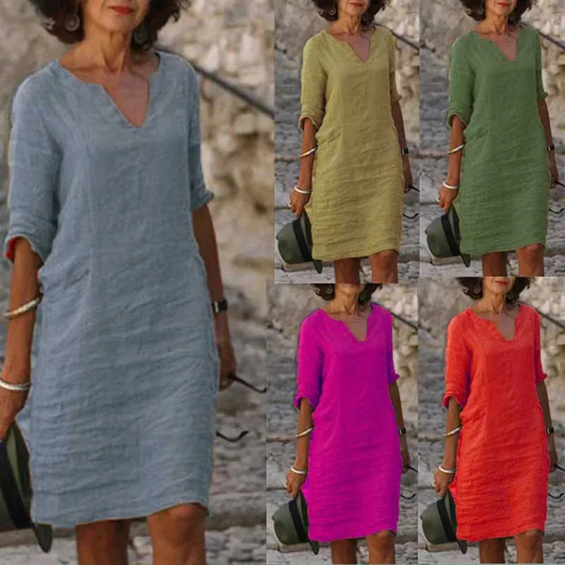 Vintage kobiety solidne mini sukienki letnia moda Vneck Three Quater Sleeve bawełniane lniane damskie damry swobodne wakacje 240325