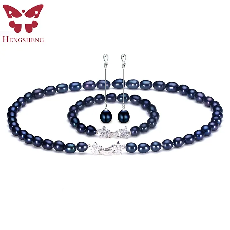 Braccialetti set di gioielli perle neri naturali per donne, gioielli di moda pennagliere per orecchini Bracelecklace, forma del riso 89mm zircone a stella perla