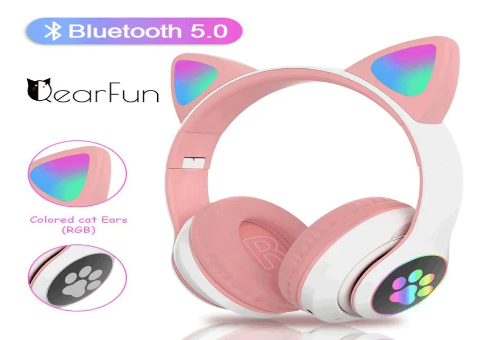 Fabriksuttag Flash Light Cute Cat Ears Bluetooth trådlösa hörlurar med mikrofon kan styra LED Kid Girl Stereo Music Helmet Phone4480515