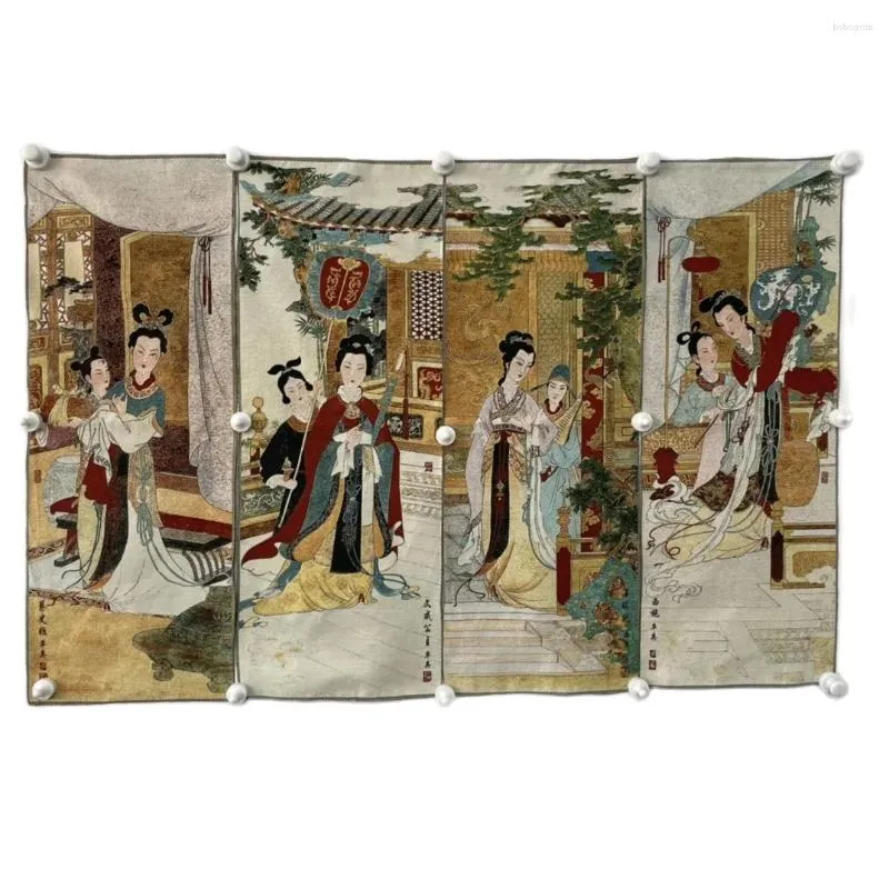 Tapices Maidservant Imagen Retro Cuatro Pantalla Tangka Bordado Decoración del Hogar Colgante