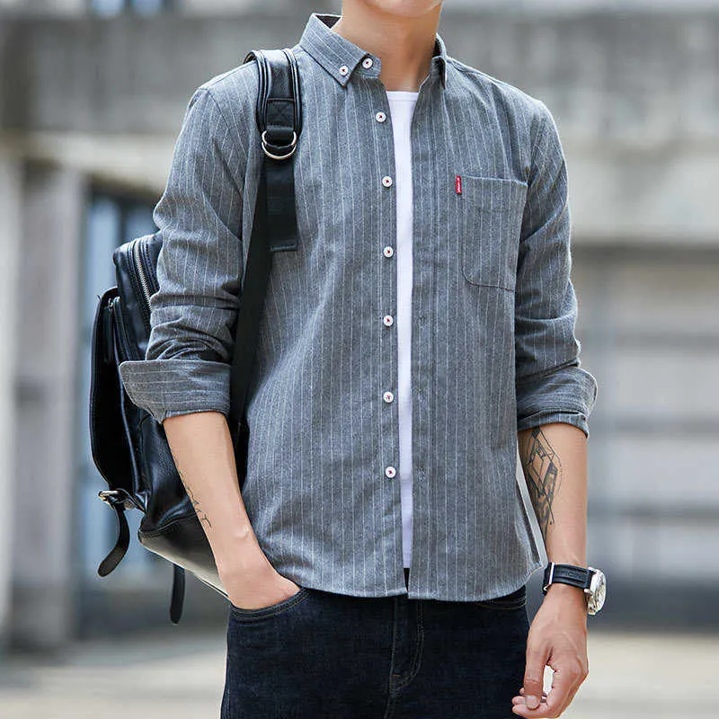 قمصان رجالي ربيع/صيف طويلة الأكمام العصرية العصرية غير الرسمية الطبعة الكورية الأزياء متعددة الاستخدامات نمط مخطط
