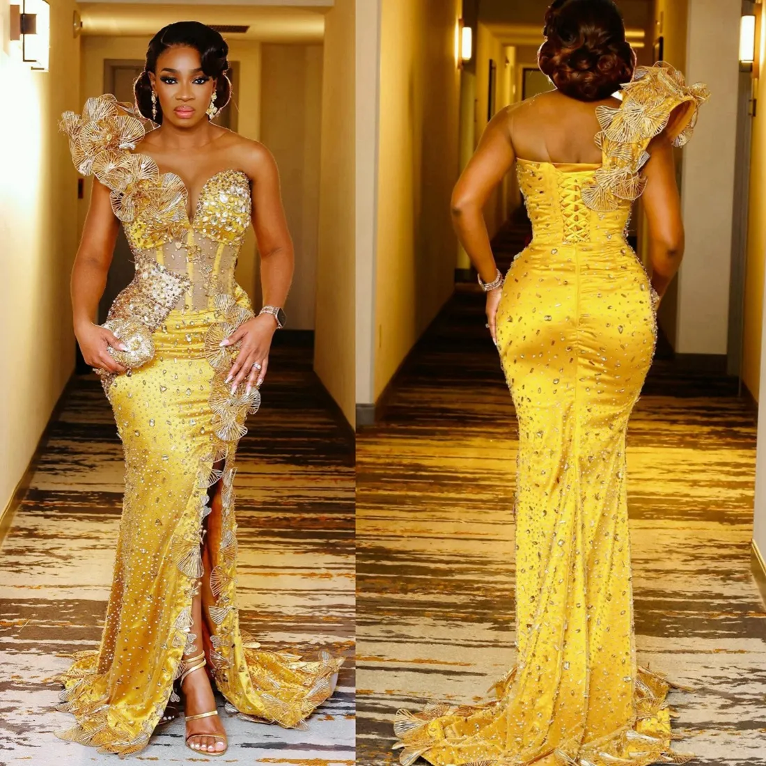 2024 luxo ouro plus size vestidos de baile para ocasiões especiais sheer neck vestidos de noite elegante frisado strass lado split festa de aniversário vestido de noivado am596