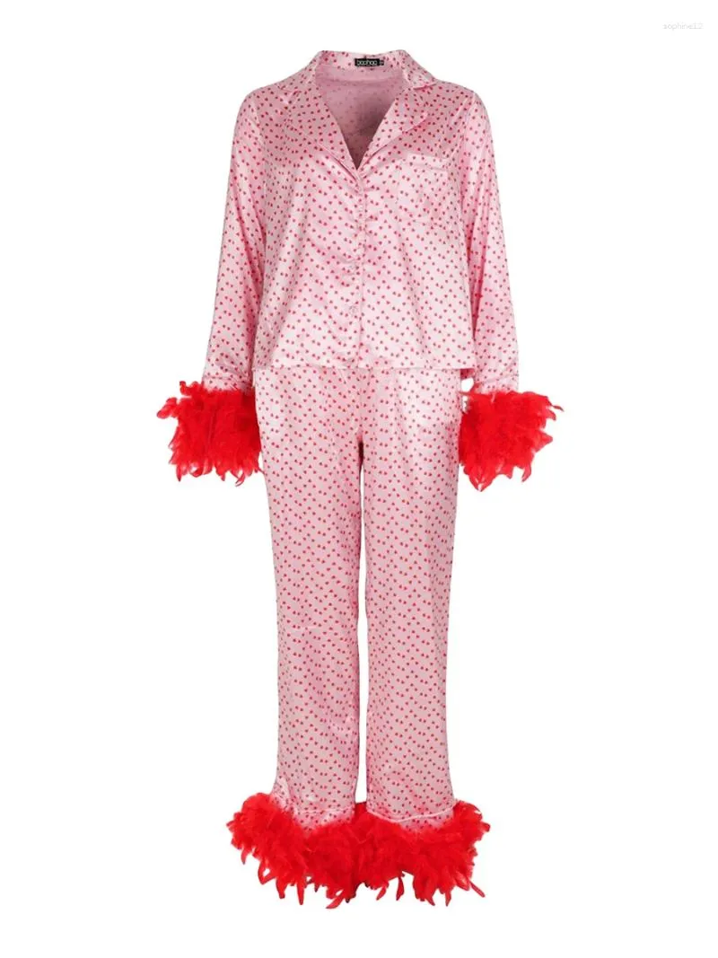 Home Vêtements Femmes S pyjama avec plumes roses Satin Loungewear Set Heart Imprime Plume Chandou