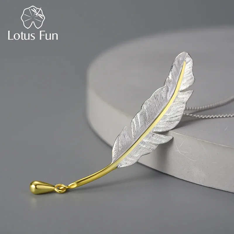 Kettingen Lotus Fun Vintage Long Goose Feather Pendant Originele 925 Sterling Silver Chains and Ketters voor vrouwen Luxe fijne sieraden