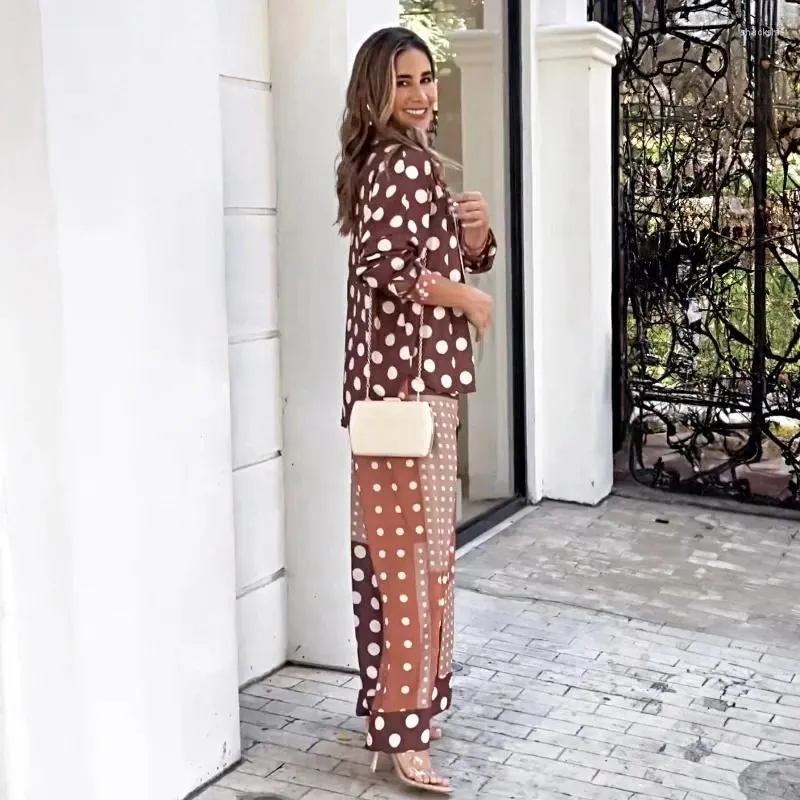 Women's Two Piece Pants High Waist Pocket Wide Leg Suit 2024 Spring Summer Dotted Prints Loose Women Long Sleeve Turn-down Collar Shirt Top