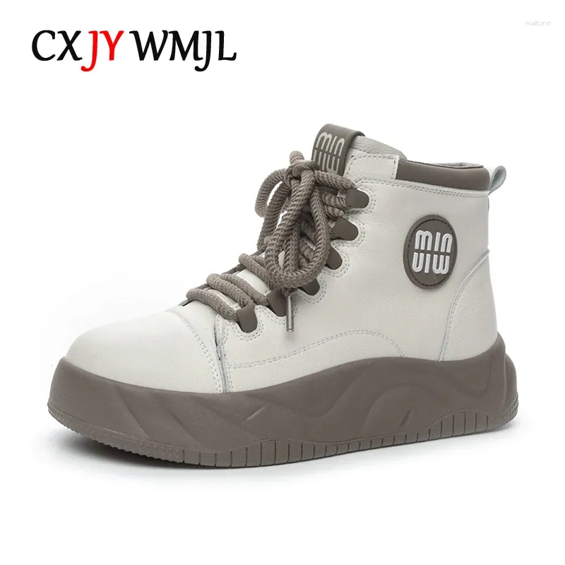 Casual Shoes CXJYWMJL Genuine Leather High Top Sneakers Women Spring Wedgies Vulcanized Ladies Thick Soled Lace Up Sports