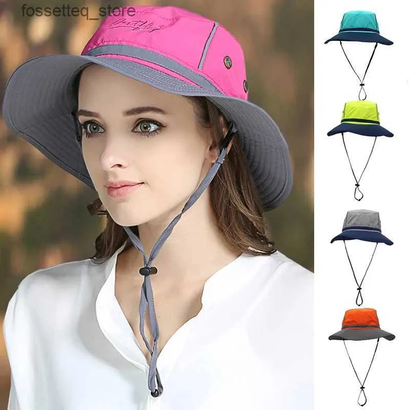 Cappelli larghi cappelli a secchio di cappelli da donna con cappello da secchio per secchio di cappello da sole estate maschi da sole per la protezione UV protezione da bob cappello da pesca con cordone di regolazione riflettente L240402