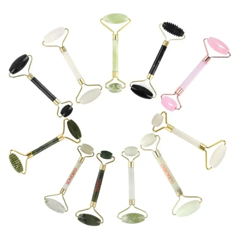 Natural Facial Massager Face Roller Gua Sha Scraper Double Heads Jade Stone Roller Skin Care Rose Quartz Massage for Face Body