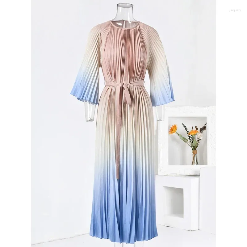 Casual Dresses Miyake Pleated Women Elegant Evening Party Dress Round Neck Long Sleeve Lace-Up Design Formal Occasion 2024 Spring