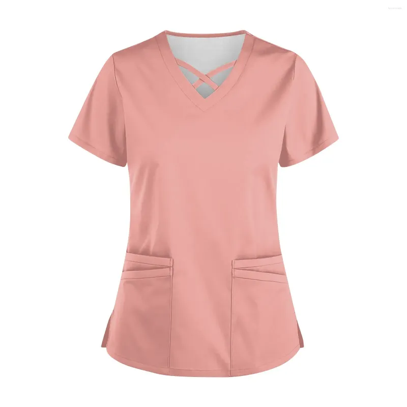 Damen-T-Shirts, modische Arbeitskleidung mit V-Ausschnitt, kurzen Ärmeln, Kordelzug und Taschen, einfarbige Oberteile, Schutzkleidung