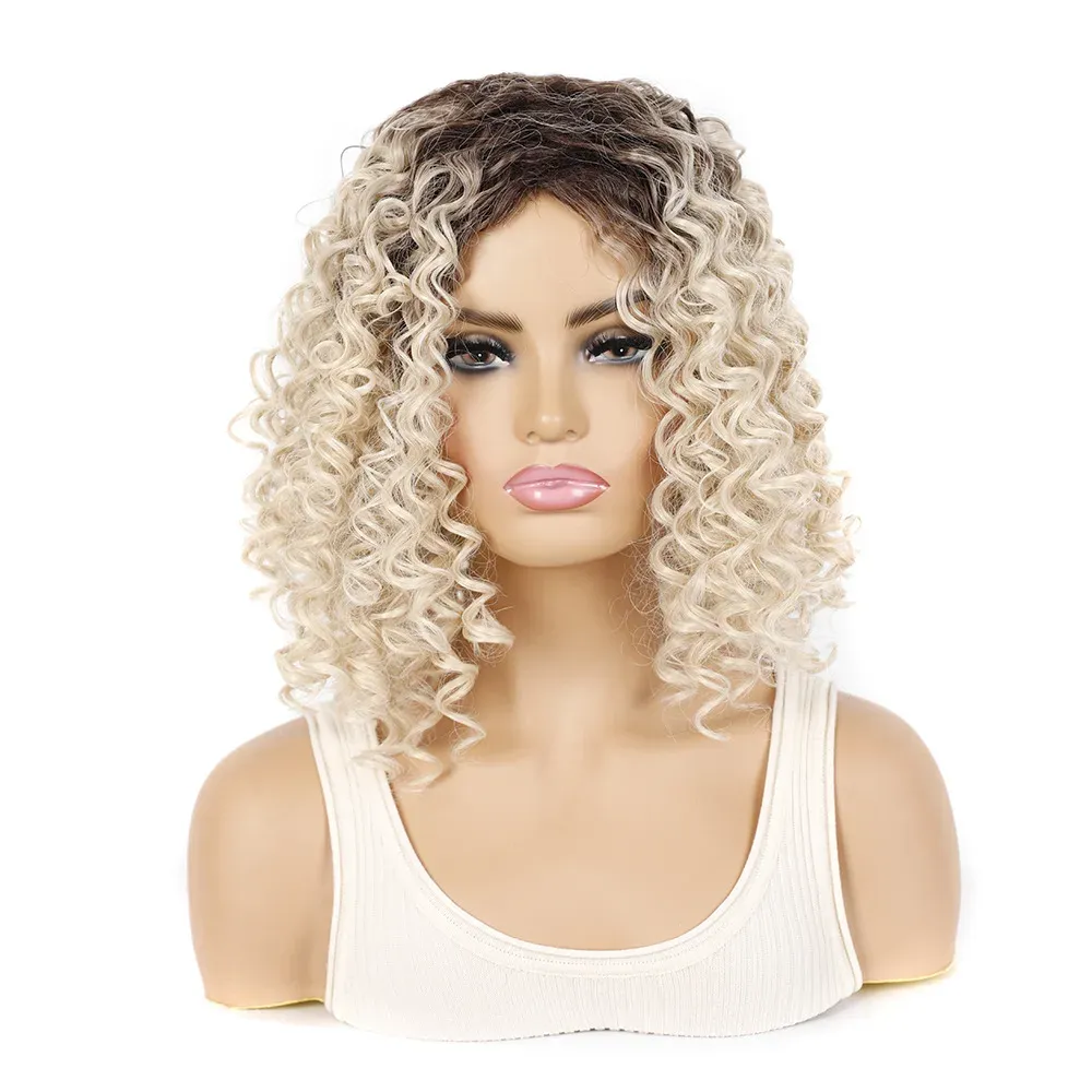 Perruques coquelures bouclées en vrac Halloween Cosplay Coiffure courte perruque afro Couleur ombre blonde brun foncé pour femmes noires blanches