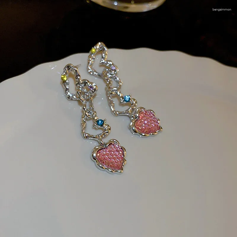 Boucles d'oreilles pendantes en forme de cœur pour femmes, strass rose brillant, élégant, mode, charme, amour, cœur, cadeaux pour petite amie