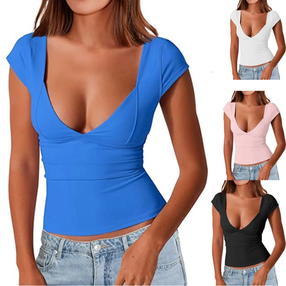 Les manches courtes des créateurs se vendent bien Fashion Queen Femmes Sexy Col V profond Dos ouvert Court Slim Fit T-shirt Style basique